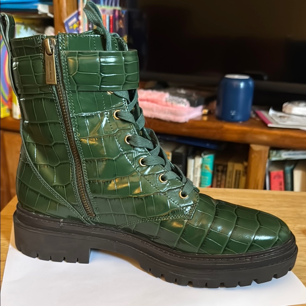Michael Kors Green Croc-Embossed Lace-Up Combat Boot